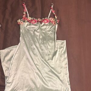 Elegant Satin Dress with Floral Embroidery